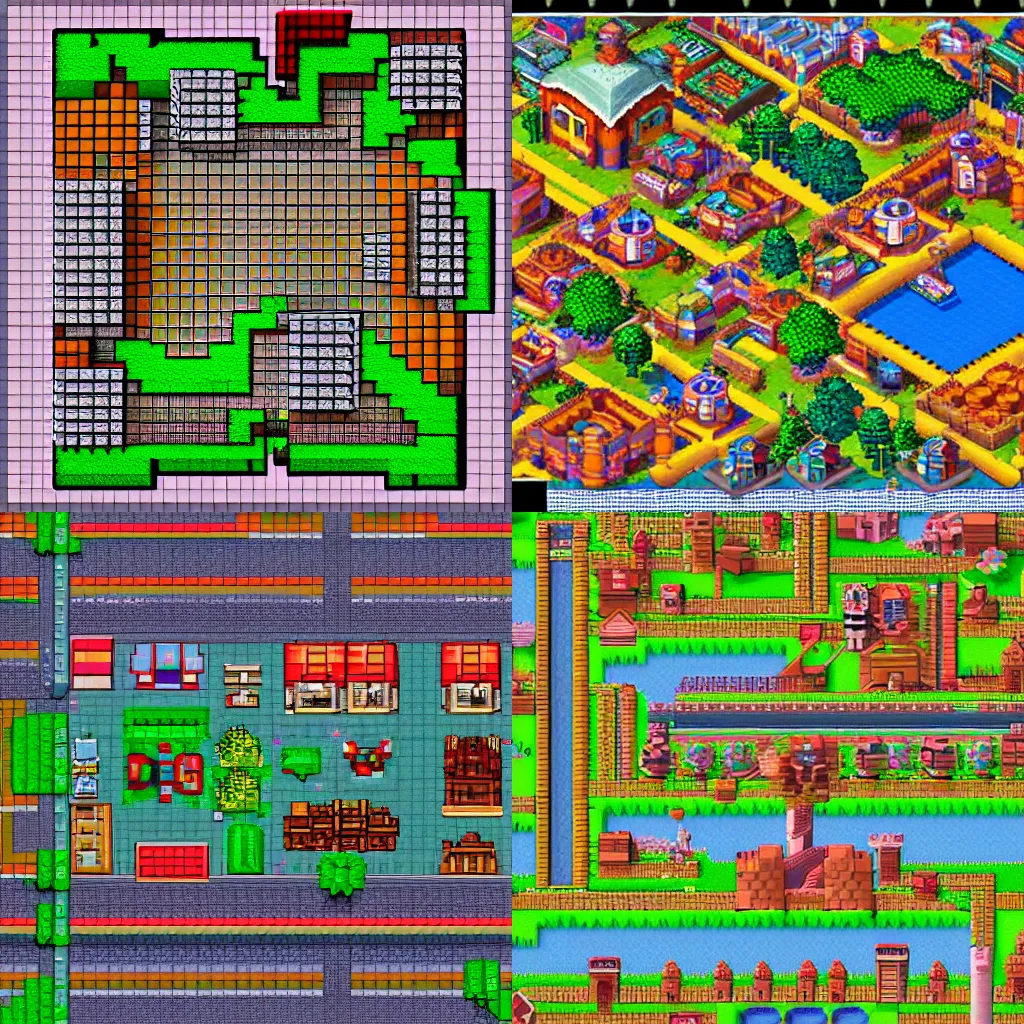 Prompt: orthographic view of a small town by snes legend of zelda, 3 d top down view, pixel art
