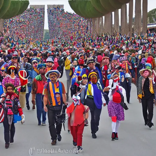 Prompt: a large group of people wearing clown hats marching in formation through the arc de thriump.