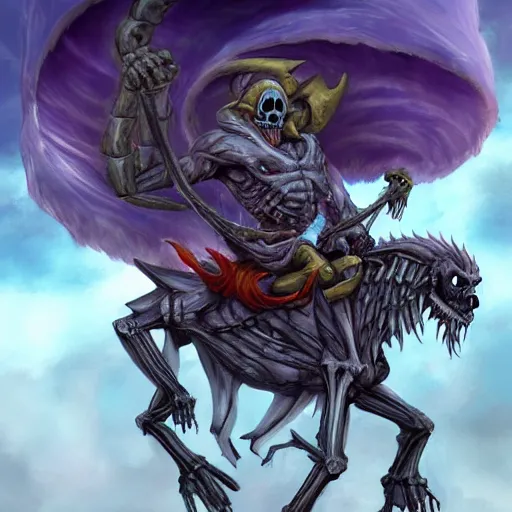 Prompt: skeletor riding on a skeleton beast, trending on artstation, ultra detailed, digital art