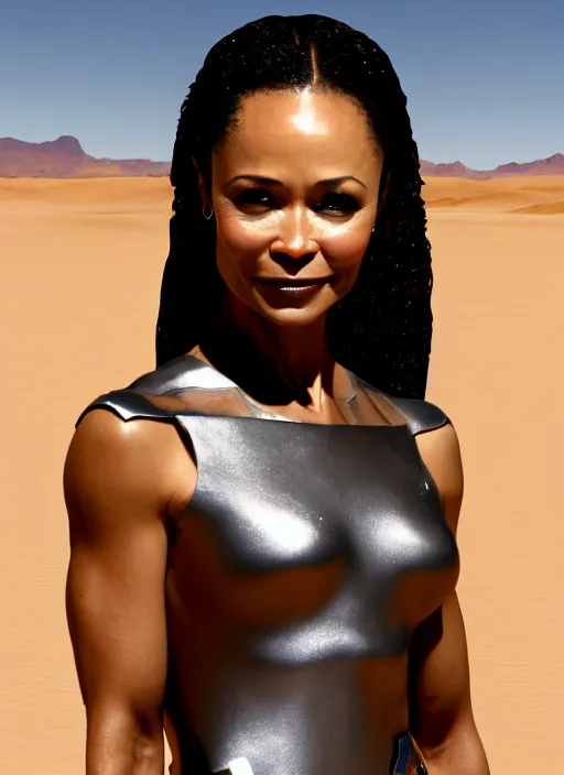 Image similar to thandiwe newton with a metal body in a desert, photorealistic, 8 k hd resolution