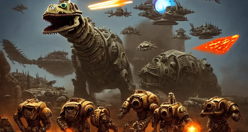 Prompt: pixar sarlacc kaiju cyborg demons running dinosaurs atat googly eyes, military tank fury road iron smelting pits space marines, of spiked gears of war skulls, military chris foss, john harris, hoover dam'aircraft carrier tower'beeple, warhammer 4 0 k, halo, halo, mass effect