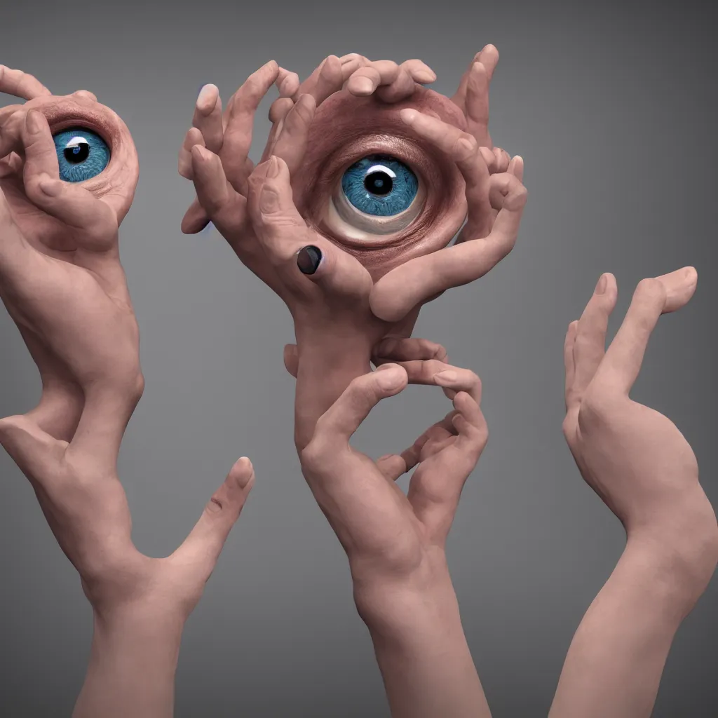 Image similar to two hands holding dozens of human eyeballs, octane render, photo realistic, hyper realistic, 8 k resolution in the style of alvin schwartz
