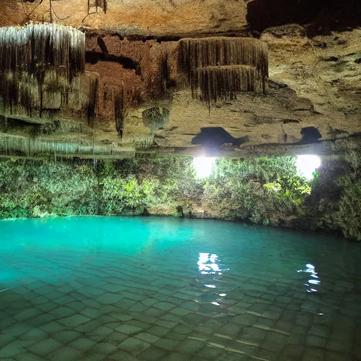 Prompt: cenotes with perfect, smooth, hexagonal altar in the center