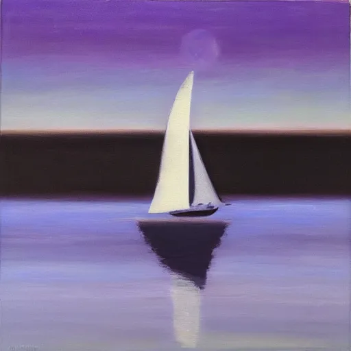 Image similar to white sailboat on a dark purple sea by a port, coherent, oil on canvas, reflection, very far shot, moon