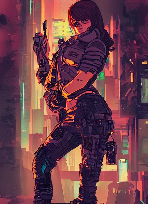 Image similar to sophia. cyberpunk mercenary with scenic background. portrait illustration, pop art, splash painting, art by ashley wood, alphonse mucha, laurie greasley and josan gonzales. cinematic. beautiful lighting.