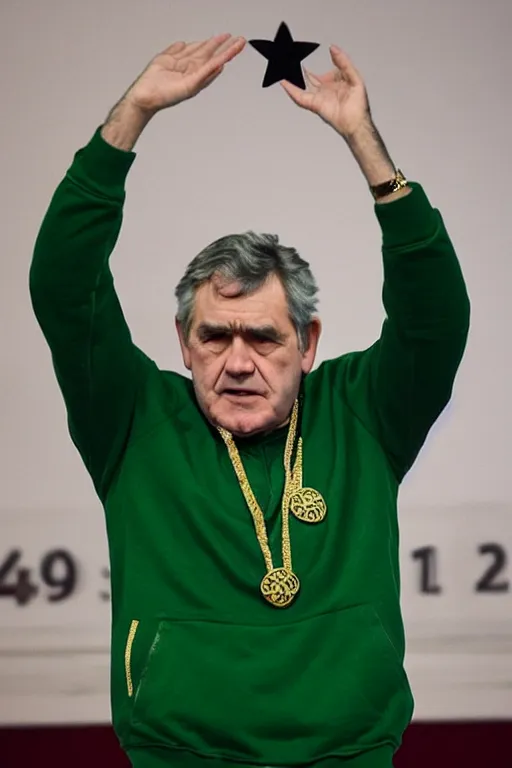 Image similar to gordon brown, dark black hair, wearing a green umbro tracksuit and gold necklace star shaped medallion, hands raised in the air,