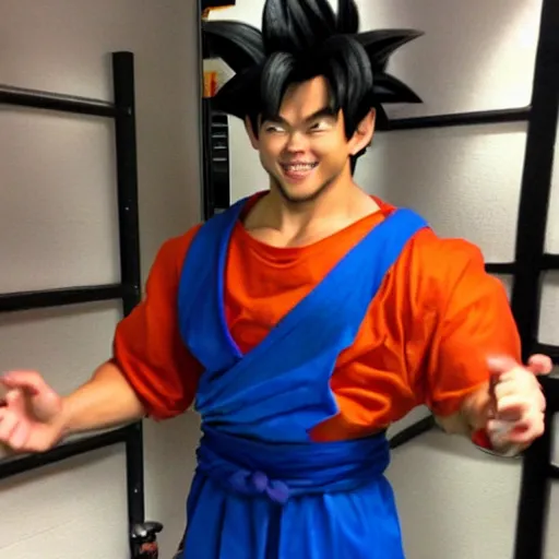 Image similar to low quality photo of goku in the backrooms