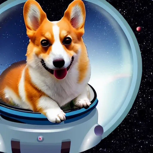 Prompt: a corgi in a space helmet floating in outer space