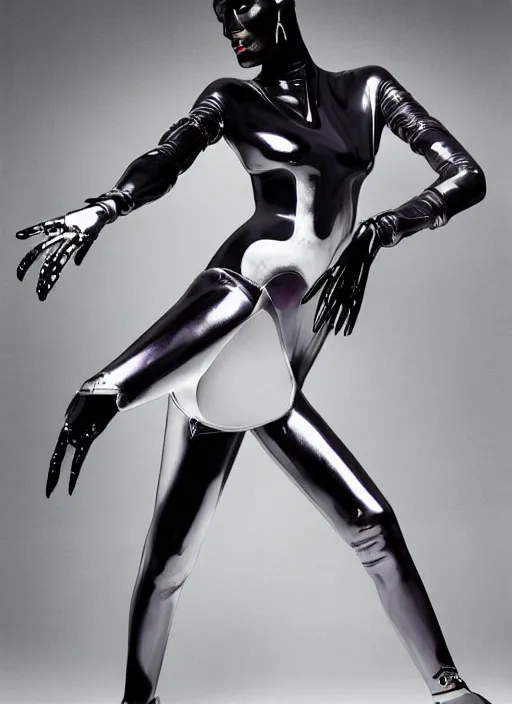 Image similar to a beautiful portrait of grace jones as a cyborg, by gilles berquet, serge lutens, hajime sorayama, wearing atsuko kudo latex outfit, photorealistic, intricate details, hyper realistic, photorealistic, photography, symmetrical features, symmetrical pose, wide angle shot, head to toe, standing pose, feet on the ground,