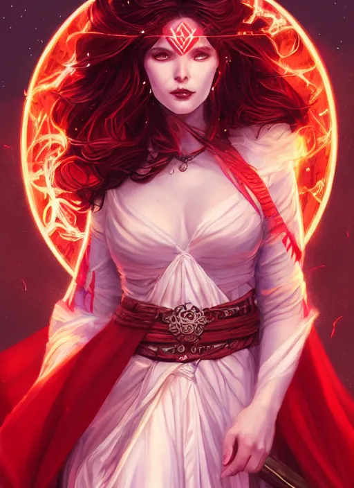 Image similar to full body portrait of the goddess of fire and thunder, robes, red and white, beautiful, violet hair, glowing eyes, stunning, high fantasy, extremely detailed, smooth, sharp focus, digital illustration, by rossdraws, frank fanzzeta, sakimichan