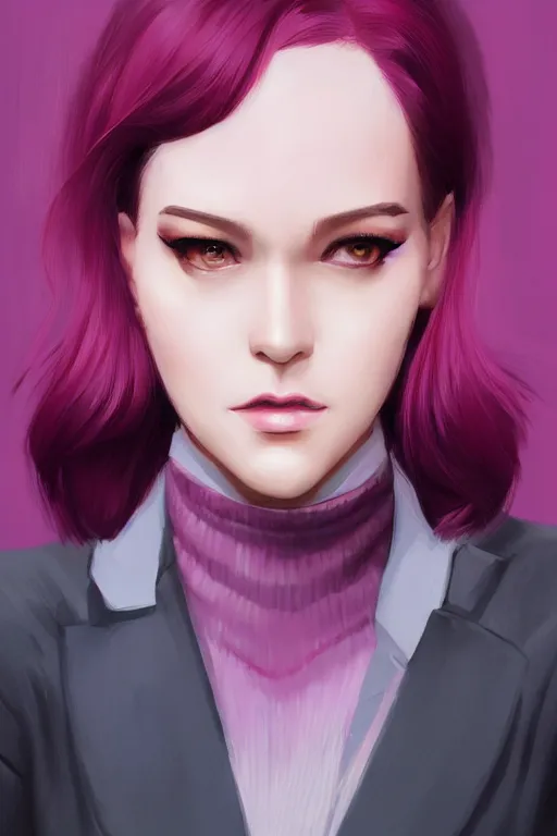 Image similar to a digital painting of a woman in a suit, with short magenta hair, face covered, a character portrait by artgerm, trending on artstation, fantasy art, ilya kuvshinov, artstation hd, artstation hq