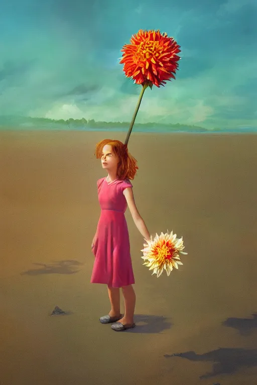 Image similar to closeup girl with huge dahlia flower head, on beach, surreal photography, blue sky, sunrise, dramatic light, impressionist painting, digital painting, artstation, simon stalenhag