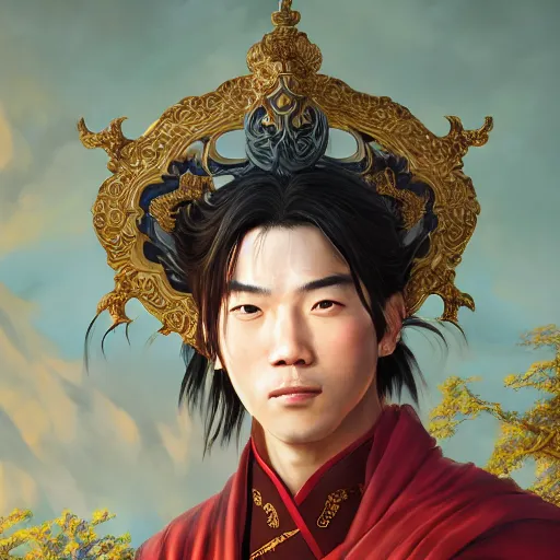 Image similar to portrait painting of a 3 0 year old handsome chinese taoist priest, like liangchao wei, amiable by wenjun lin, irakli nadar, bright colors, octopath traveler, wenjun lin, unreal engine 5 highly rendered, global illumination, radiant light, detailed and intricate environment