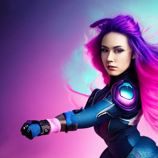 Image similar to a stunning high shutter speed action upper body portrait of a beautiful woman with a ombre purple pink hairstyle with head in motion and hair flying while wearing futuristic navy blue and teal battle bodyarmor and pauldrons by marvel comics, outrun, vaporware, action photography, highly detailed, fine detail, intricate, digital art, trending on artstation