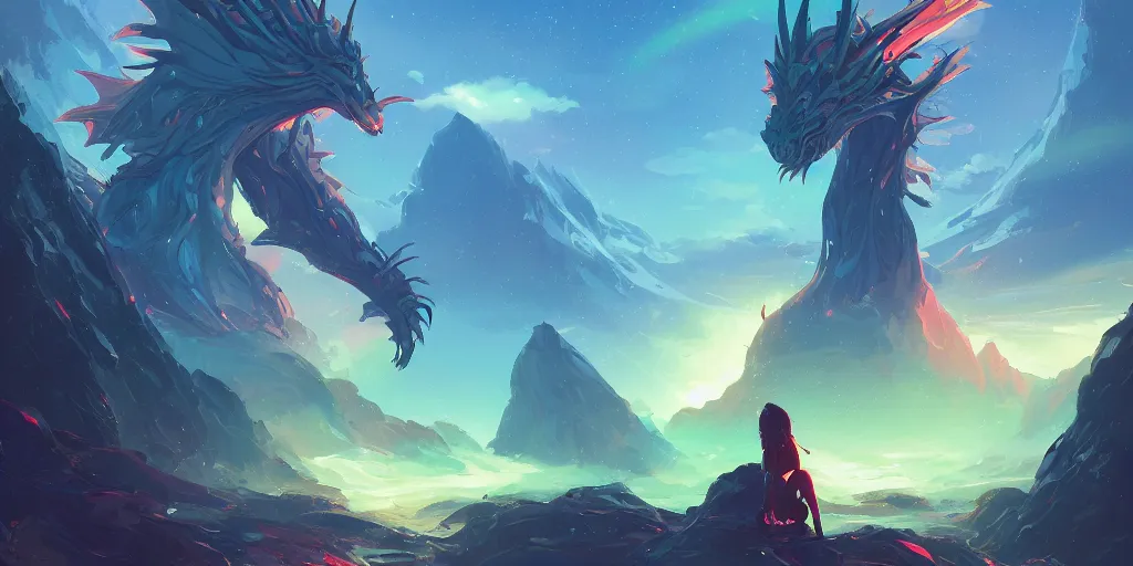 Image similar to a huge techno dragon sit on a mountain, landscape, science fiction fantasy, digital painting bioluminance alena aenami artworks in 4 k design by lois van baarle by sung choi by john kirby artgerm style pascal blanche and magali villeneuve