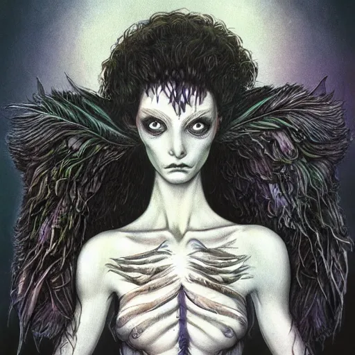 Prompt: detailed illustration of attractive humanoid alien species with beautiful human female face, female human torso, dark fae, black feathers instead of hair, feathers growing out of skin, wings growing out of arms, transformation, brian froud, tim burton, guillermo del toro