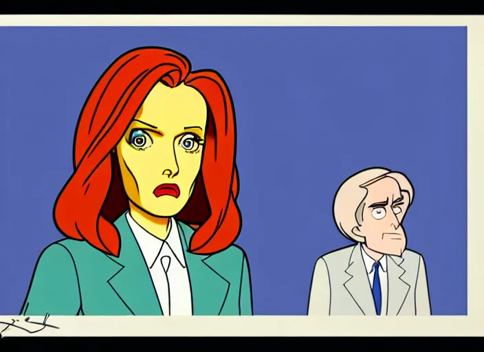 Image similar to dana scully on the x - files : the animated series, shaded animation cel, animation model, sharp detail, animation cel, thin linework, in the style of don bluth, bruce timm, alex toth, filmation, toei animation, studio trigger, 5 k, hd