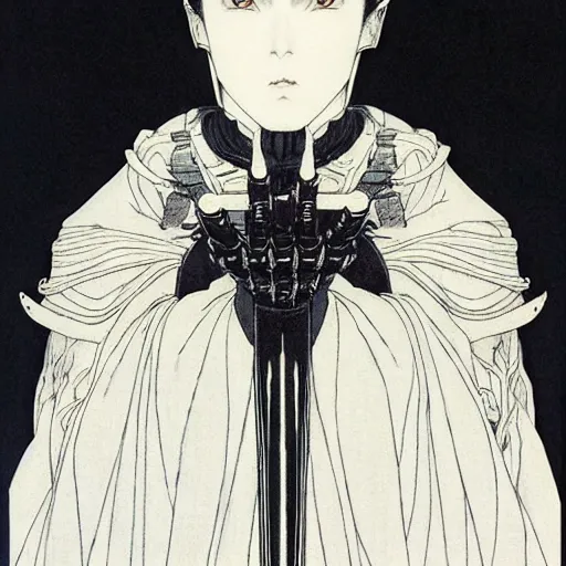 Image similar to prompt : black and white portrait soft light painted by takato yamamoto, black knight armor, inspired by ghost in shell anime, smooth face feature, intricate oil painting, high detail, sharp high detail, manga and anime 1 9 8 0