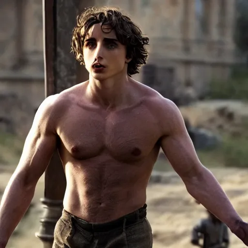 Image similar to first photos of 2 0 2 4 3 0 0 remake - muscular timothy chalamet as leonidas, put on 1 0 0 pounds of muscle, looks different, steroids, hgh, ( eos 5 ds r, iso 1 0 0, f / 8, 1 / 1 2 5, 8 4 mm, postprocessed, crisp face, facial features )