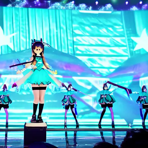 Prompt: magical mirai concert, hatsune miku on stage, high quality photo