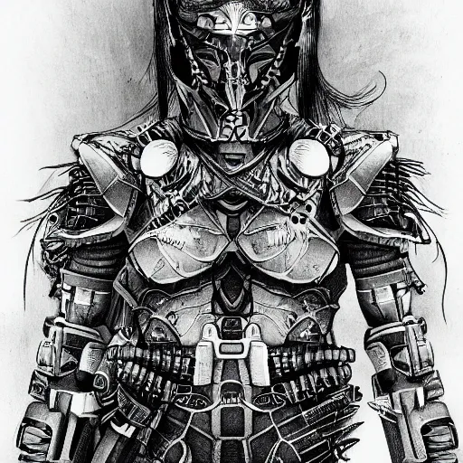 Prompt: japanese futuristic warrior with many scars, high detail, hyperdetailed, hard ink, no pencils, full body drawing