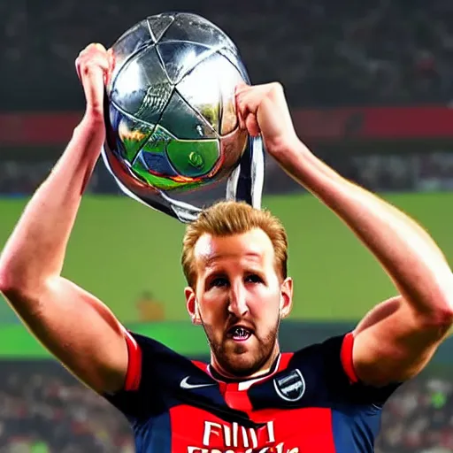 Image similar to harry kane lifting the uefa champions league as an arsenal player, photorealistic, sports photo, dramatic, sharp focus, extreme detail, night