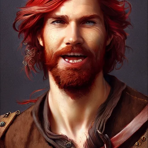 Image similar to portrait of a young ruggedly handsome but joyful pirate, male, masculine, upper body, red crimson hair, long hair, fantasy, giddy smirk, intricate, elegant, highly detailed, digital painting, artstation, concept art, matte, sharp focus, illustration, art by artgerm and greg rutkowski and alphonse mucha