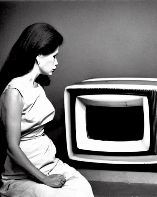 Prompt: a woman staring angrily into old TV, black-and-white photo, 1960s, hyperrealistic, old photo