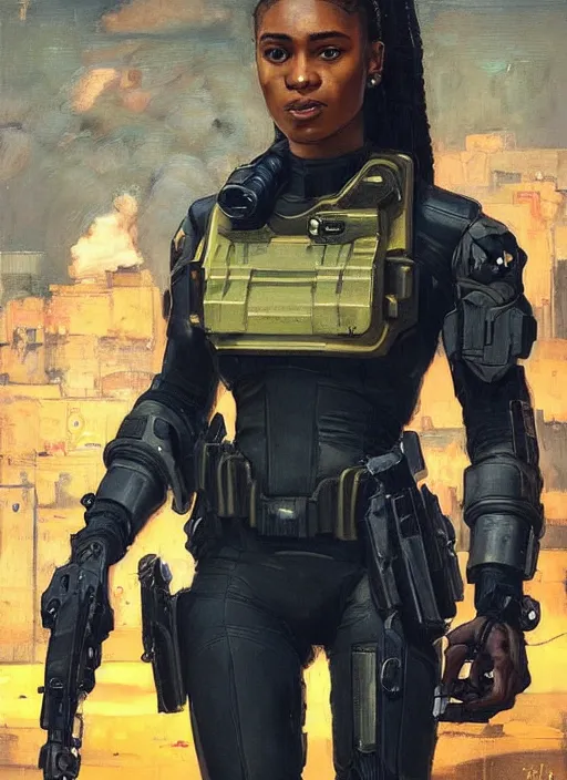 Image similar to Sgt. Maria igbo. Strong cyberpunk female USN marine wearing a military vest and powerful military cyberpunk exo-suit (cyberpunk 2077, bladerunner 2049). gorgeous face. Iranian orientalist portrait by john william waterhouse and Edwin Longsden Long and Theodore Ralli and Nasreddine Dinet, oil on canvas. Cinematic, hyper realism, realistic proportions, dramatic lighting, high detail 4k