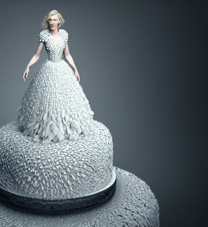 Prompt: cate blanchett emerging from a wedding cake, intricate, elegant, white mist, suburban home, product shot, macro, highly detailed, dramatic lighting, perfect symmetrical face, sharp focus, octane render, trending on artstation, artstationhd, artstationhq, unreal engine, 4 k, 8 k