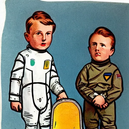 Prompt: Orville Houghton Peet and William Simpson and Jean Gautier color sketch of a boy super scientist in a retro home made astronaut suit