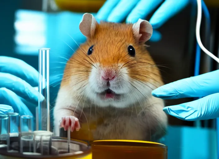 Image similar to film still of a hamster working in a research lab filling test tubes, 8 k