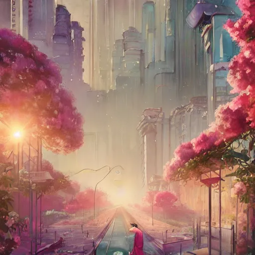 Image similar to a painting of an art - deco cityscape surrounded by flowers, a watercolor and matte painting by magali villenueve and mandy jurgens and charlie bowater, cgsociety, artdeco, utopia art, sci - fi, artstation hq