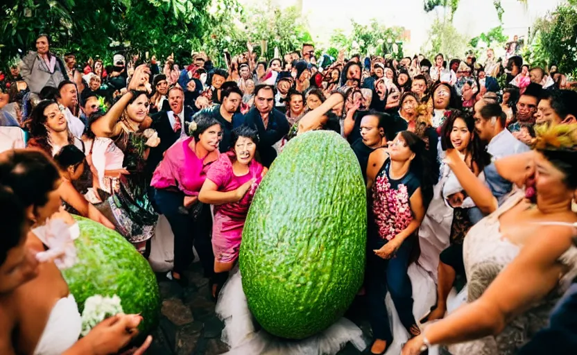 Image similar to a crowd of mexicans dancing around a giant avocado in a wedding,