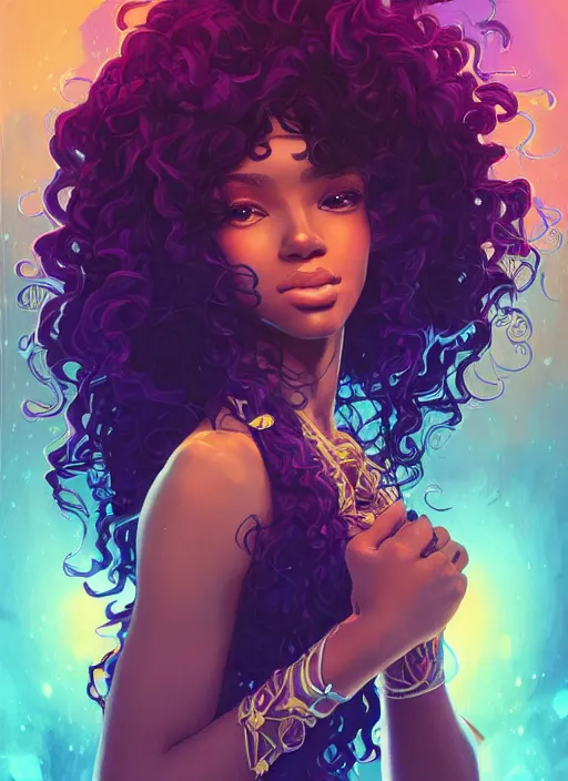 Image similar to beautiful black girl with long curly hair, cute, intricate, highly detailed, retrowave epic art, digital painting, trending on artstation, concept art, smooth, sharp focus, backlit, rim light, vivid colors, illustration, unreal engine 5, 8 k, art by rossdraws and alphonse mucha