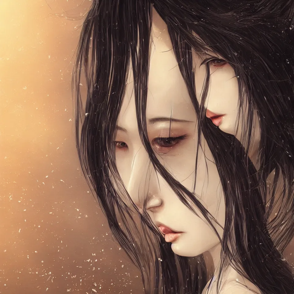 Prompt: a beautiful detailed photography illustration of an attractive japanese female with long black hair covering part of her face, centered, glamour portrait from the waist up, by karol bak and beeple, trending on artstation and deviantart and behance, extreme detailing, dim dusk lighting, cinematic lighting, detailed lighting, volumetric lighting, realistic, f 8, 4 k hd wallpaper