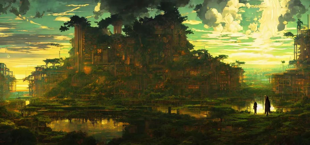 Image similar to baroque oil painting of anime key visual environment of a eden in a cyberpunk world, brutalist, dark fantasy, sunset, rule of thirds, digital cel shading, fake hidden detail, trending on pixiv fanbox, style of makoto shinkai studio ghibli jamie wyeth james gilleard greg rutkowski