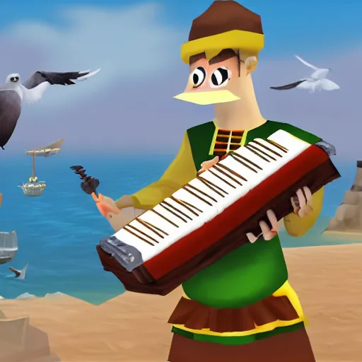 Prompt: seagull playing accordion in the style of old school runescape