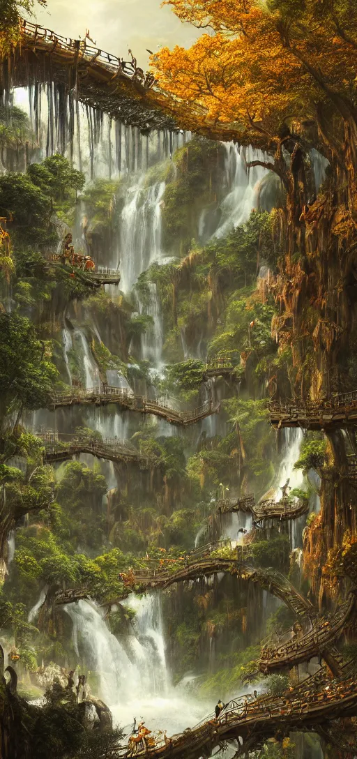 Image similar to wooden elven City with golden roofs, arches and bridges on top of a WATERFALL in the fall, gnarly trees, lush vegetation, forrest, a small stream runs beneath the waterfall, landscape, raphael lacoste, eddie mendoza, alex ross, john howe, concept art, matte painting, highly detailed, rule of thirds, dynamic lighting, cinematic, detailed, denoised, centerd