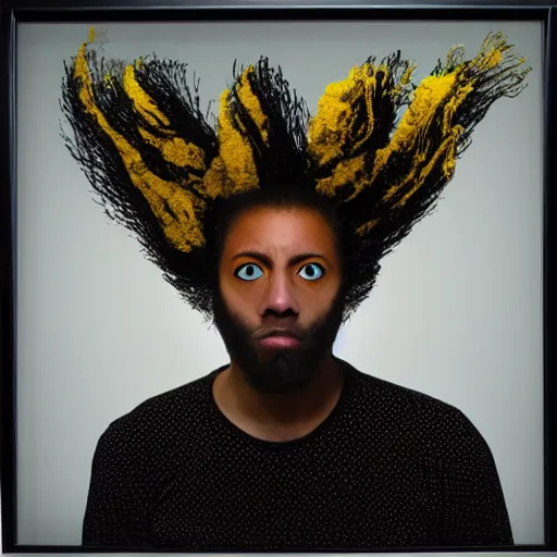 Image similar to a beautiful performance art of a self - portrait of the artist. he is shown with his head turned to the left, looking at the viewer. his hair is wild and his eyes are wide open. his right hand is raised, as if he is pointing at something. goldenrod by ingrid baars apocalyptic