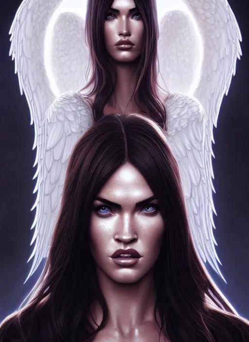 Image similar to symmetry!! gantz portrait of megan fox as an angel, unholy, intricate, highly detailed, dynamic lighting, digital art, digital painting, artstation, terence nielsen, sharp focus, illustration, art by artgerm and greg rutkowski and moebius, 8 k