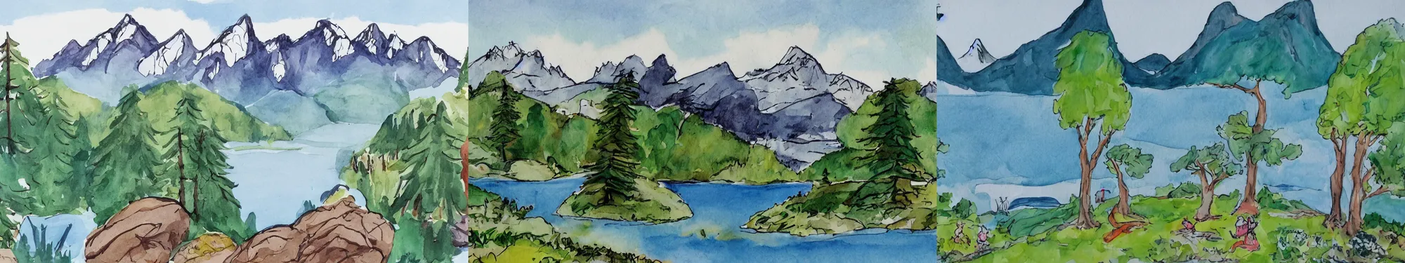 Prompt: mountains, trees, and lake, in the style of quentin blake