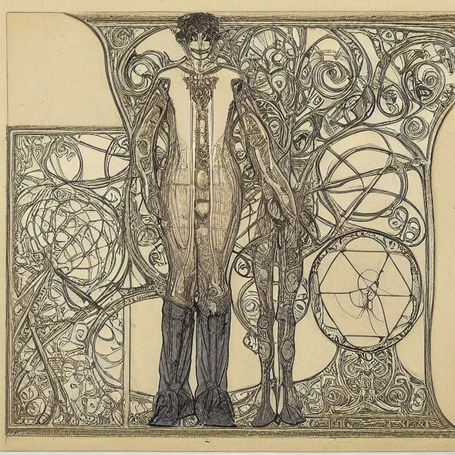Prompt: beautiful, symmetric, art nouveau, detailed, intricate technical drawings on parchment from 1 8 4 0 with extensive written labels and covered in scribbled pencil notes in open space, for a humanoid drawing robot, by ron cobb and alphonse mucha