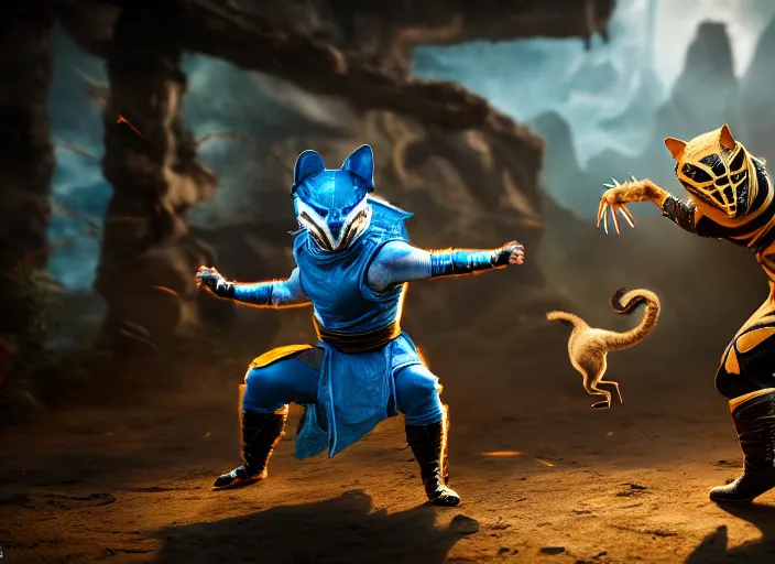 Image similar to hamster dressed as sub zero fights a cat dressed as scorpion in mortal kombat on the background of a laughing shao khan. fantasy magic style. highly detailed 8 k. intricate. lifelike. soft light. sony a 7 r iv 5 5 mm. unreal engine with nanite and path tracing