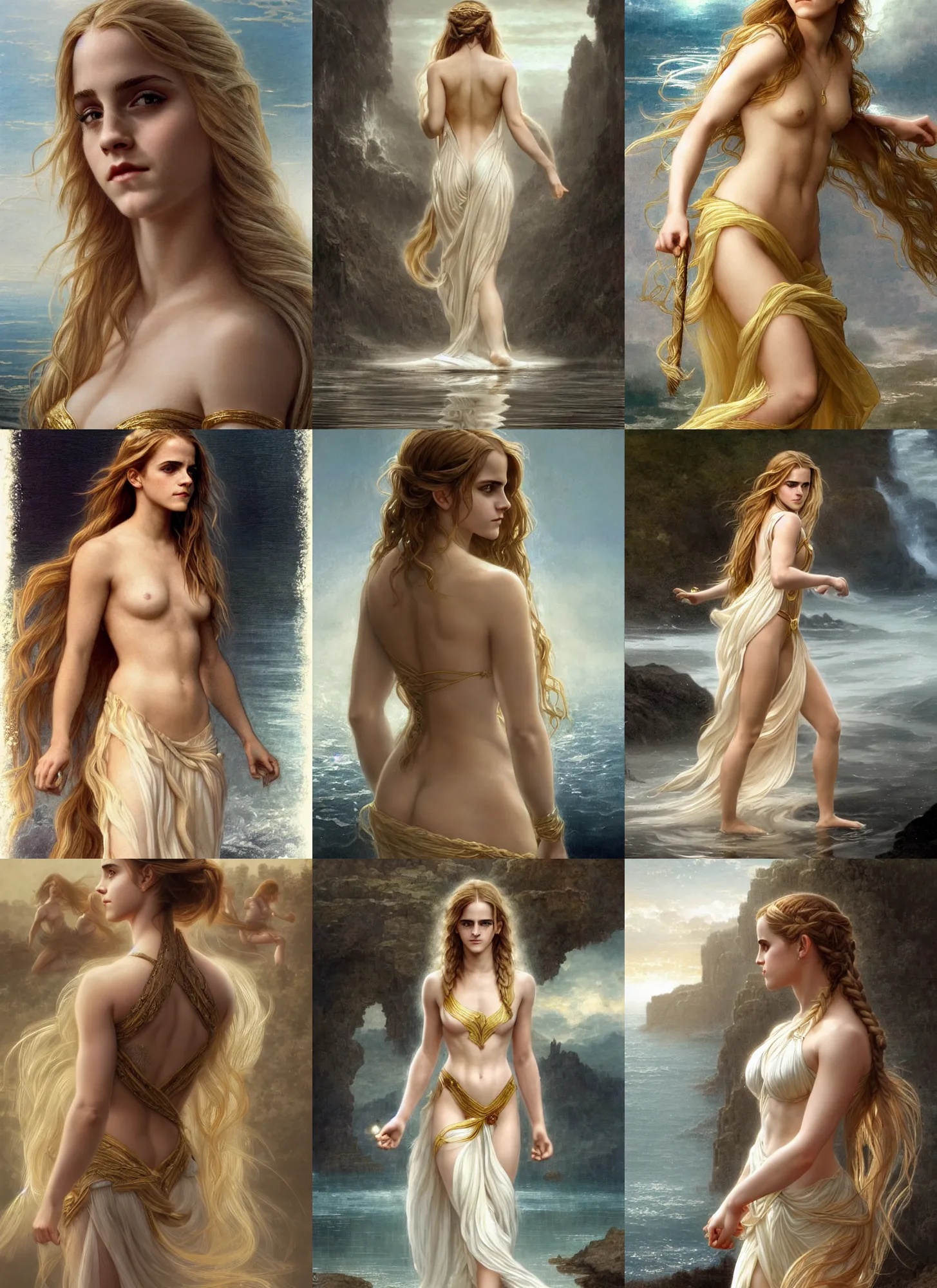 Prompt: emma watson as blond aphrodite, front view, long blond braided hair, walking on water, white and gold dress, intricate, moody, dark, highly detailed, artstation, concept art, sharp focus, illustration, bouguereau, rutkowski, mucha