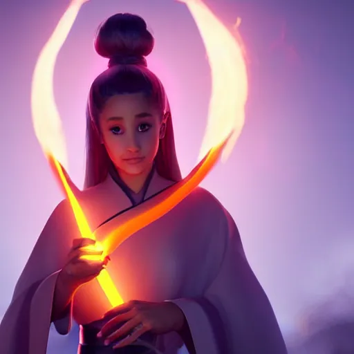 Prompt: Ariana Grande wearing monk robes holding a glowing fire magical staff. Trending on Artstation, octane render, ultra detailed, art by Ross tran