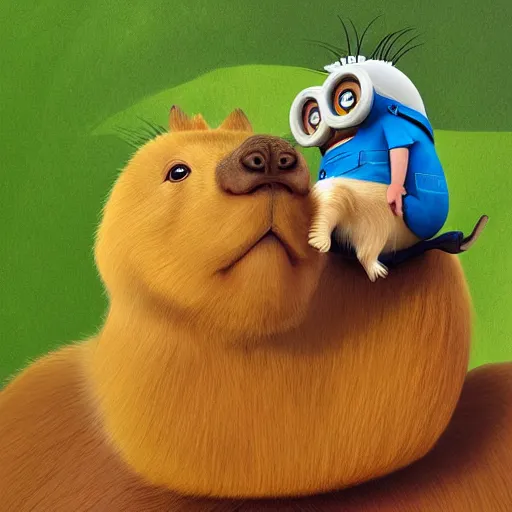 Image similar to a minion riding a capybara, digital art