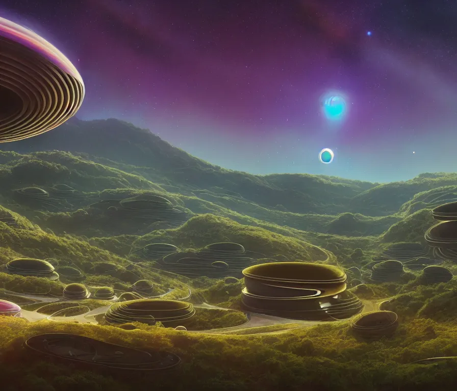 Prompt: O'Neill cylinder colony Stanford torus, view of villages, hills, forest, rivers. Space colony, inside view, octane rendering, humanity's cosmic future, stellar sky, cinematic, hyperdetailed, photorealistic, hyperrealism, octane rendering, 8k, depth of field, bokeh, masterpiece, fantastic art by Simon Stalenhag, Jakub Rozalski