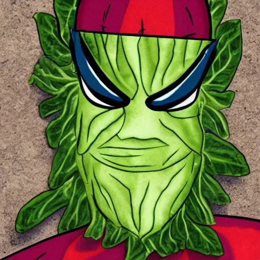 Image similar to a superhero made of cabbage with a colorful suit, photorealistic