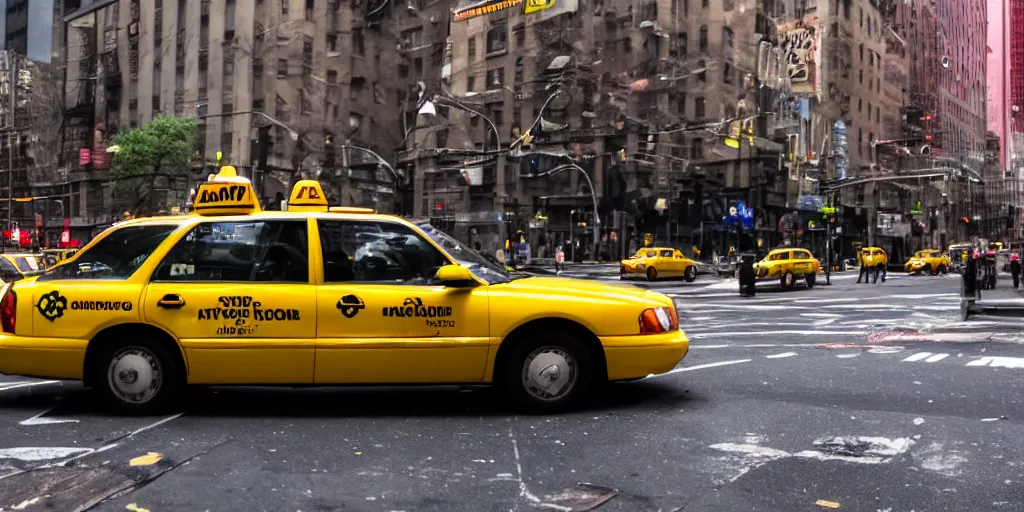 Image similar to spongebob hailing a taxi in manhattan, shallow depth of field, canon eos r 3